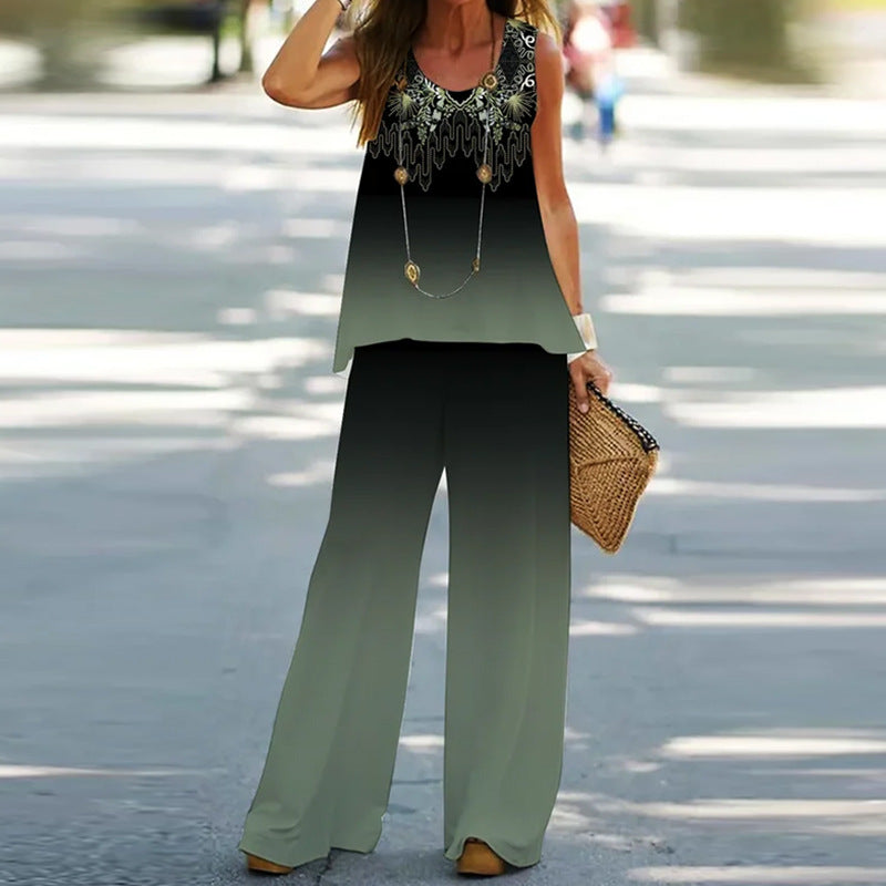 Women's Color Printed Casual Sleeveless T-shirt Trousers Suits