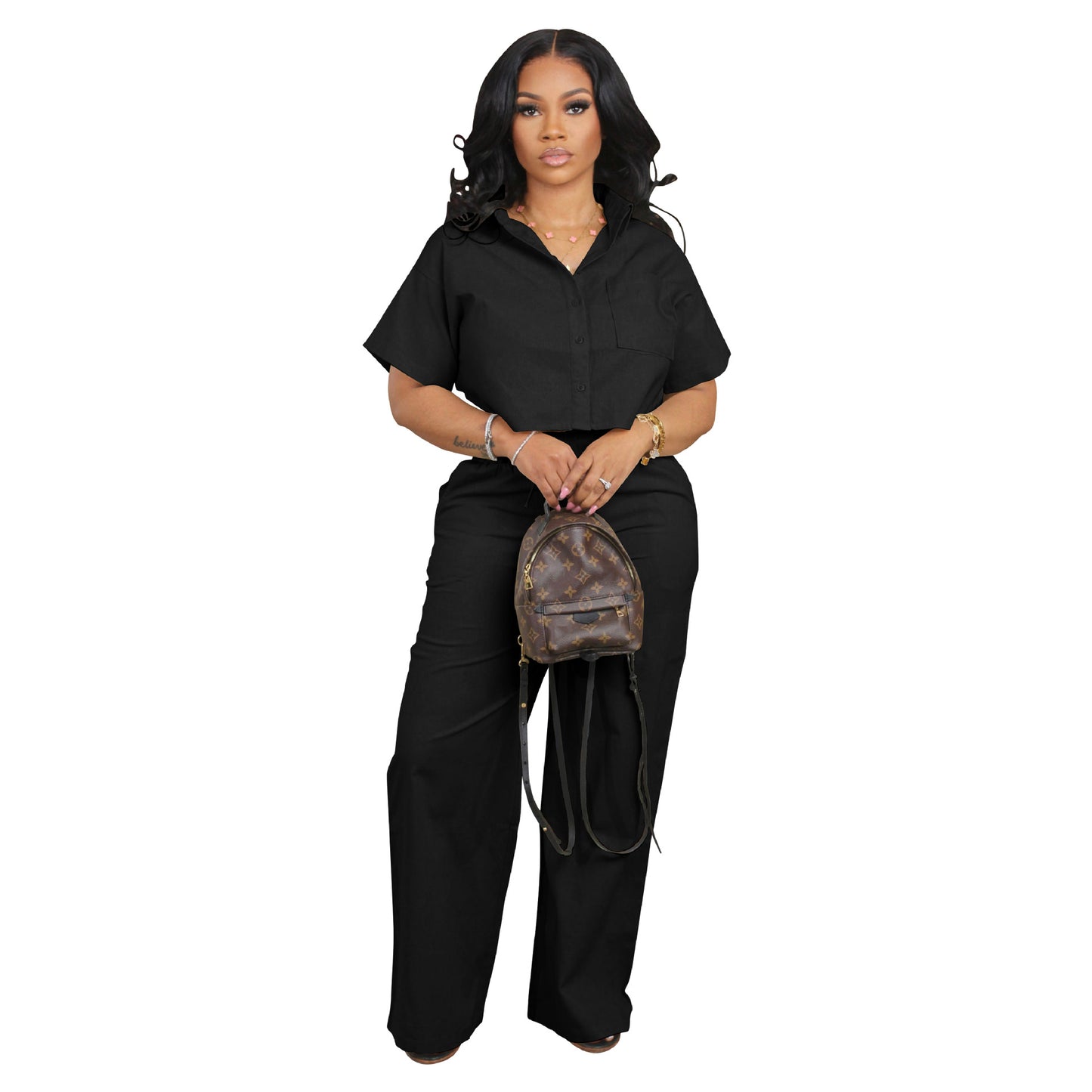 Women's Shirt Sleeve Two-piece Set Linen Leisure Office Suits