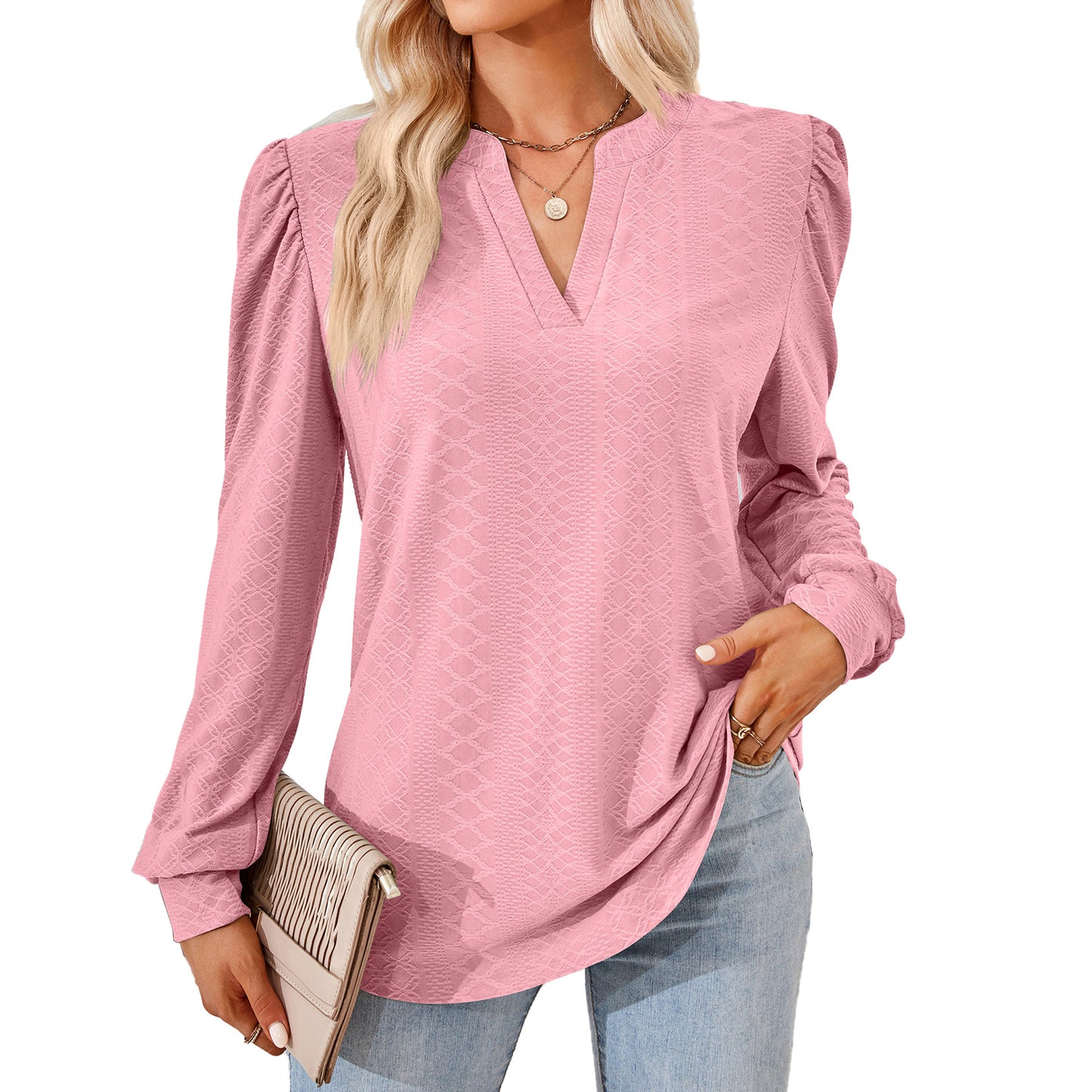 Women's Solid Color Jacquard Long Sleeve Loose-fitting Blouses