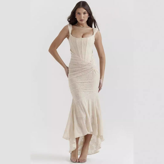 Sleeveless Solid Color Fishbone Waist Dress Evening Dresses