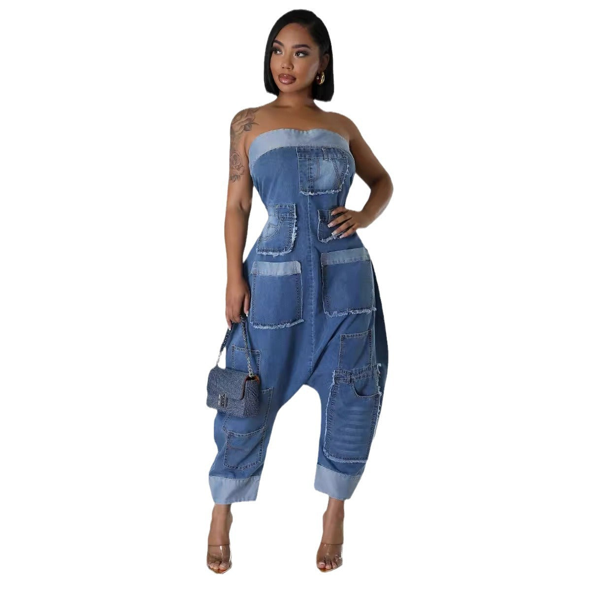 Denim Cargo Stitching Washed Loose Sleeveless Jeans