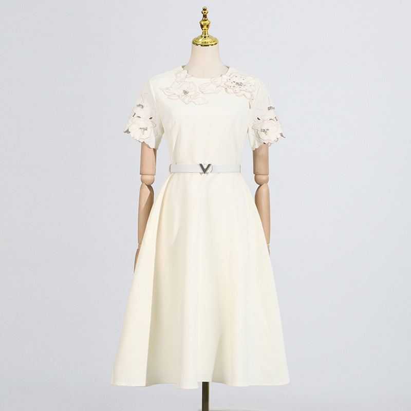 Elegant Retro Style Summer Round Neck Three-dimensional Flower Stitching Dresses