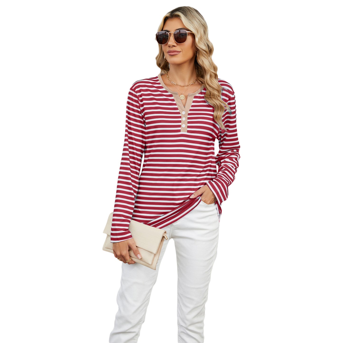 Women's Contrast Color Striped Loose Long Sleeve Blouses