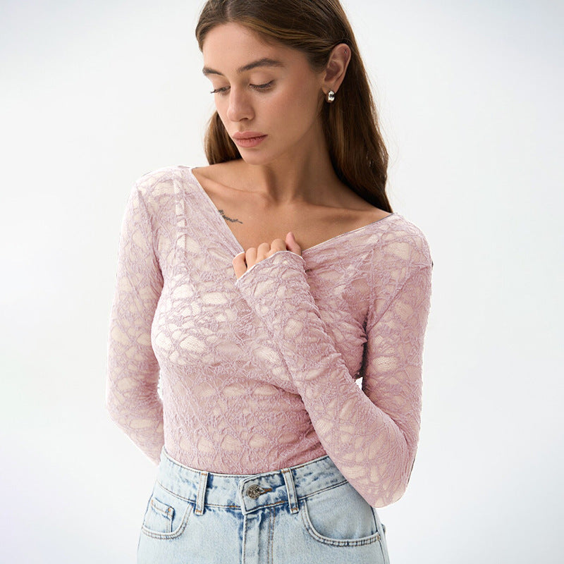 Women's Autumn Solid Color Round Neck Simple Sexy Lace Blouses