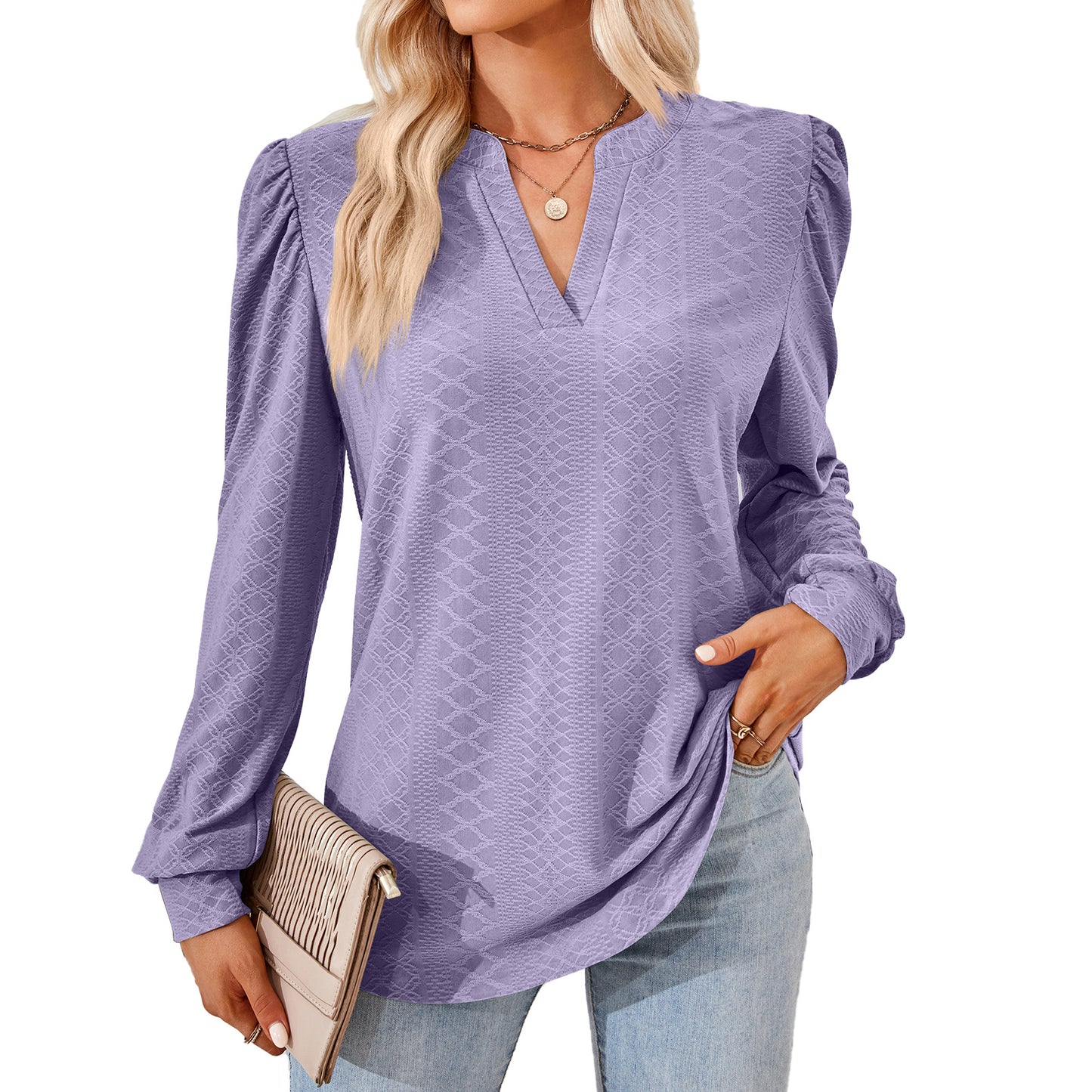 Women's Solid Color Jacquard Long Sleeve Loose-fitting Blouses
