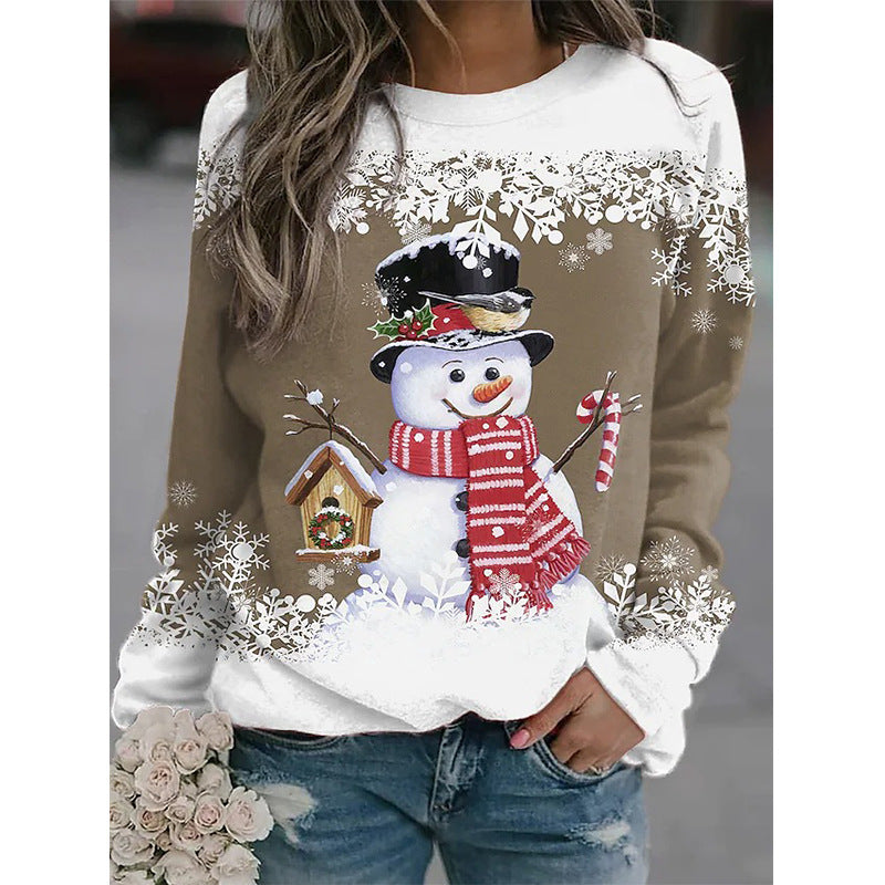 Women's Christmas Snowman Printed Long-sleeved Casual Loose Blouses