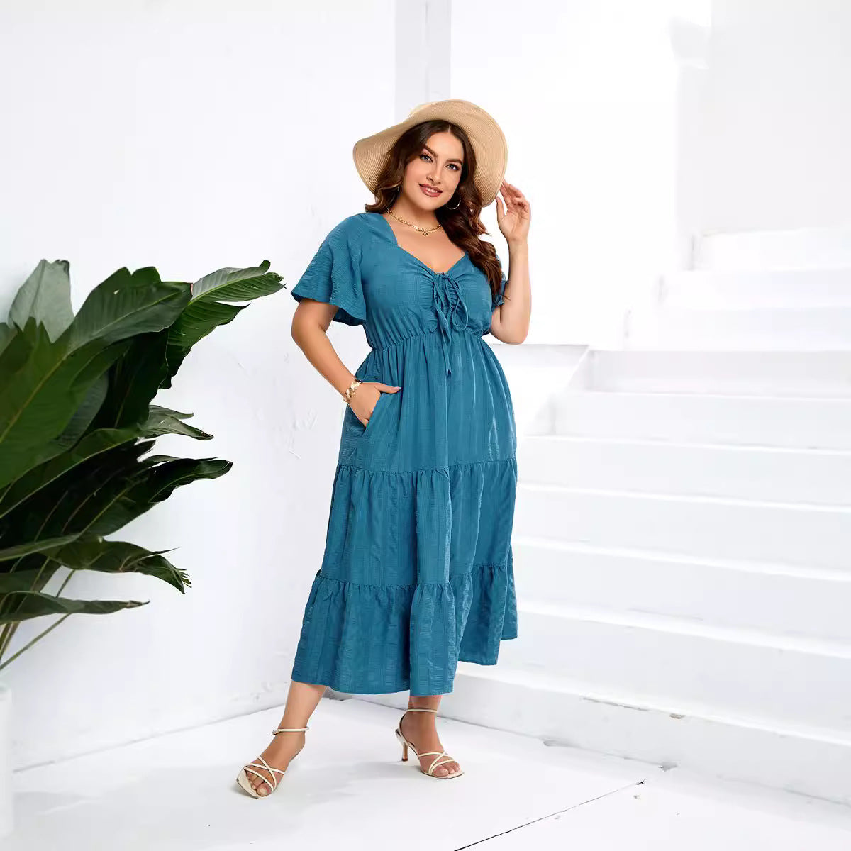 Casual High Waist Dress Long Sleeve Plus Size