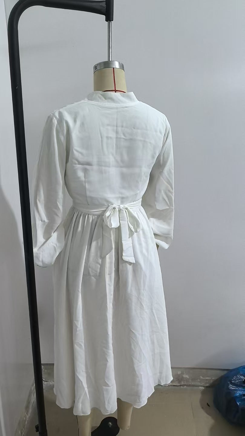 Women's Long Sleeve Solid Color Pleated Belt Dresses