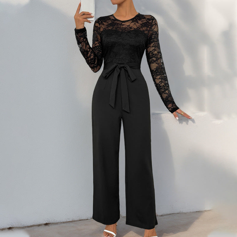 Lace Stitching Zipper Solid Color Loose Jumpsuits