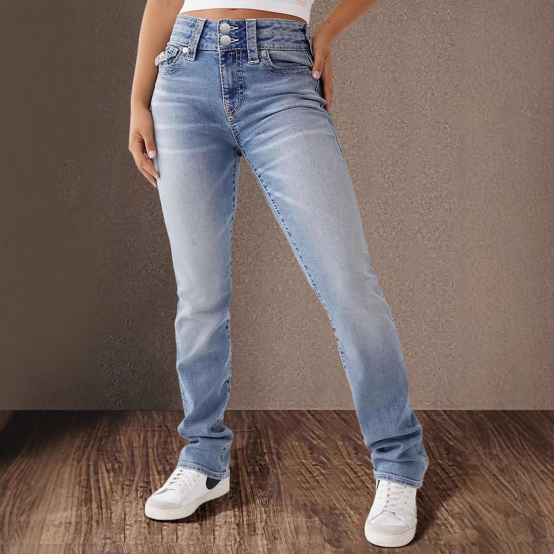 Women's Spring Double Button Straight Elegant Trousers Jeans