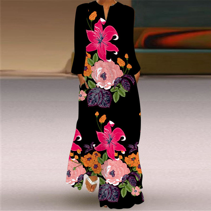 Women's Long Dress Sleeve Pocket Printed Loose Dresses