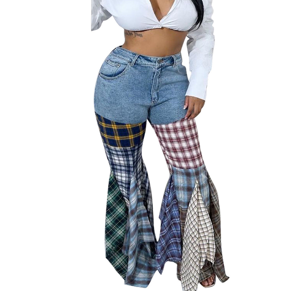 Women's Patchwork Flared Denim Ruffled Trousers Jeans