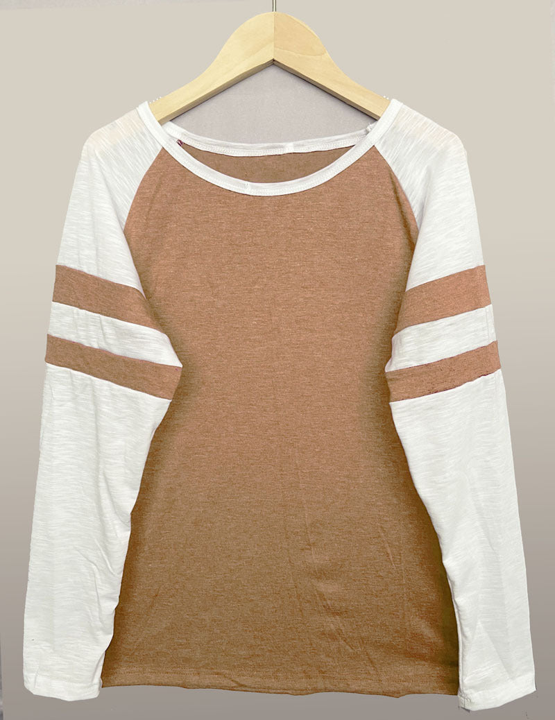 Striped Stitching Long Sleeve T-shirt Round Blouses