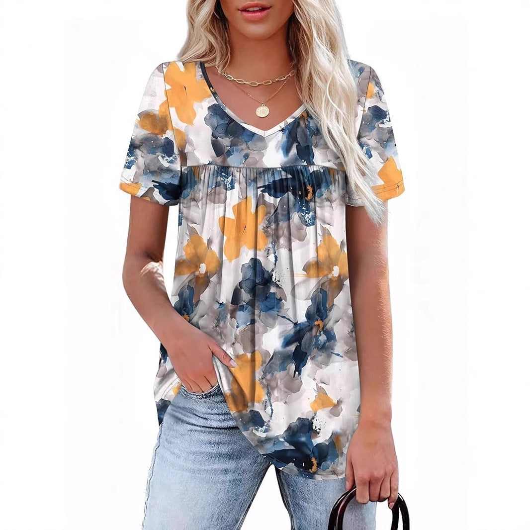 Women's Pleated Short-sleeved Printed T-shirt Casual Blouses