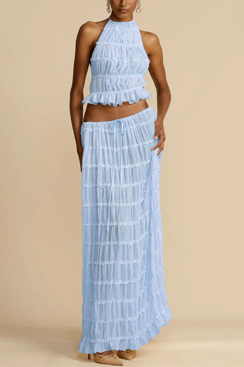 Summer Backless Halter Strap Drawstring Chiffon Dresses