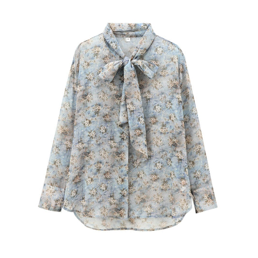 Women's Style Floral Bowknot Decoration Long Sleeve Blouses