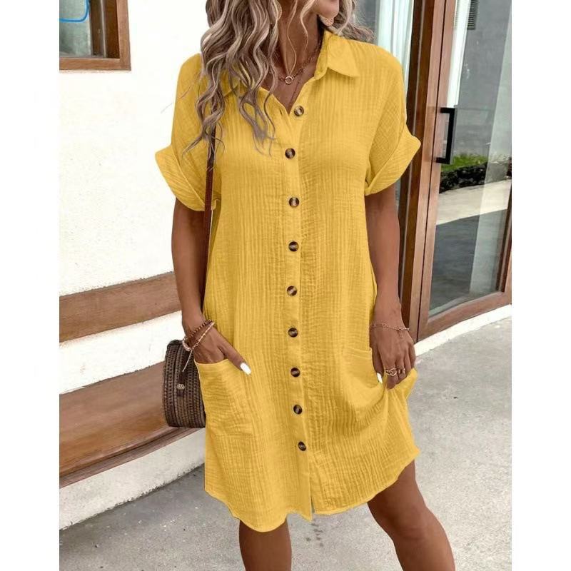 Women's Casual Solid Color Cotton Linen Breasted Mid-length Sleeve Clothing