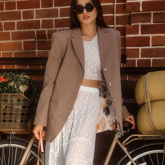 Women's Sexy Elegant Brocade Lace Long Sleeve Round Neck Suits