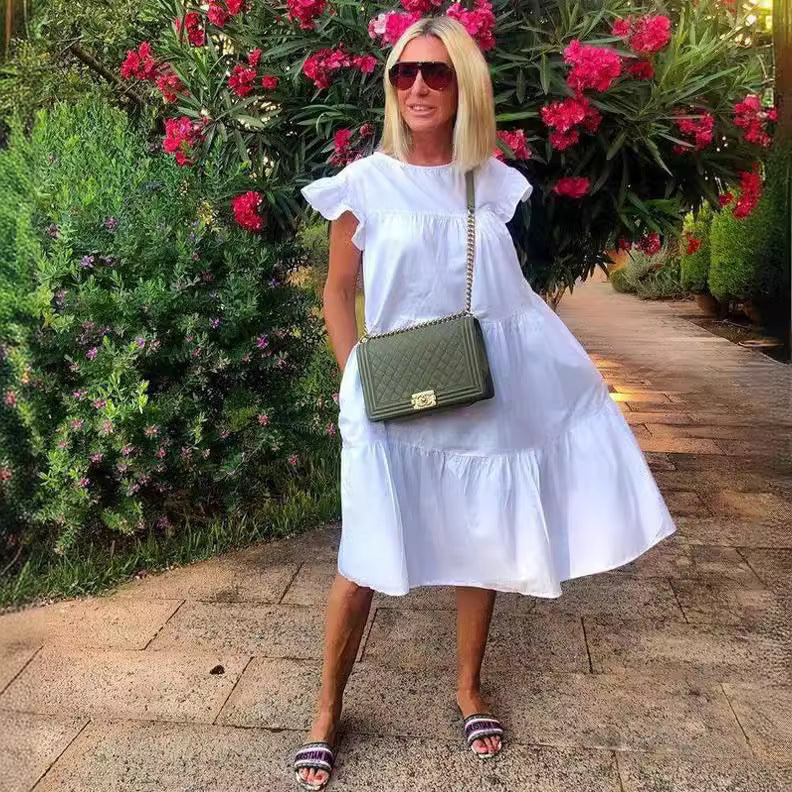 Women's Loose Pleated Short-sleeved Dress Solid Color Dresses