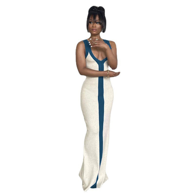 Women's Wide Shoulder Strap Contrast Color Elegant Dresses