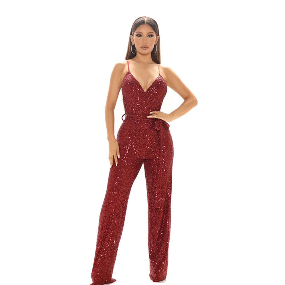 Spring Sleeveless Backless Pure Color Sequins Slim Jumpsuits