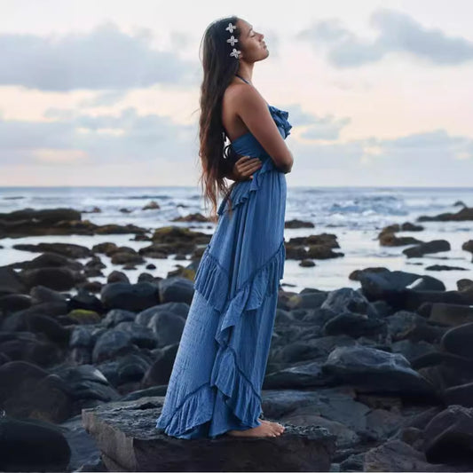 Women's Solid Color Sexy Sling Collar Backless Evening Dresses