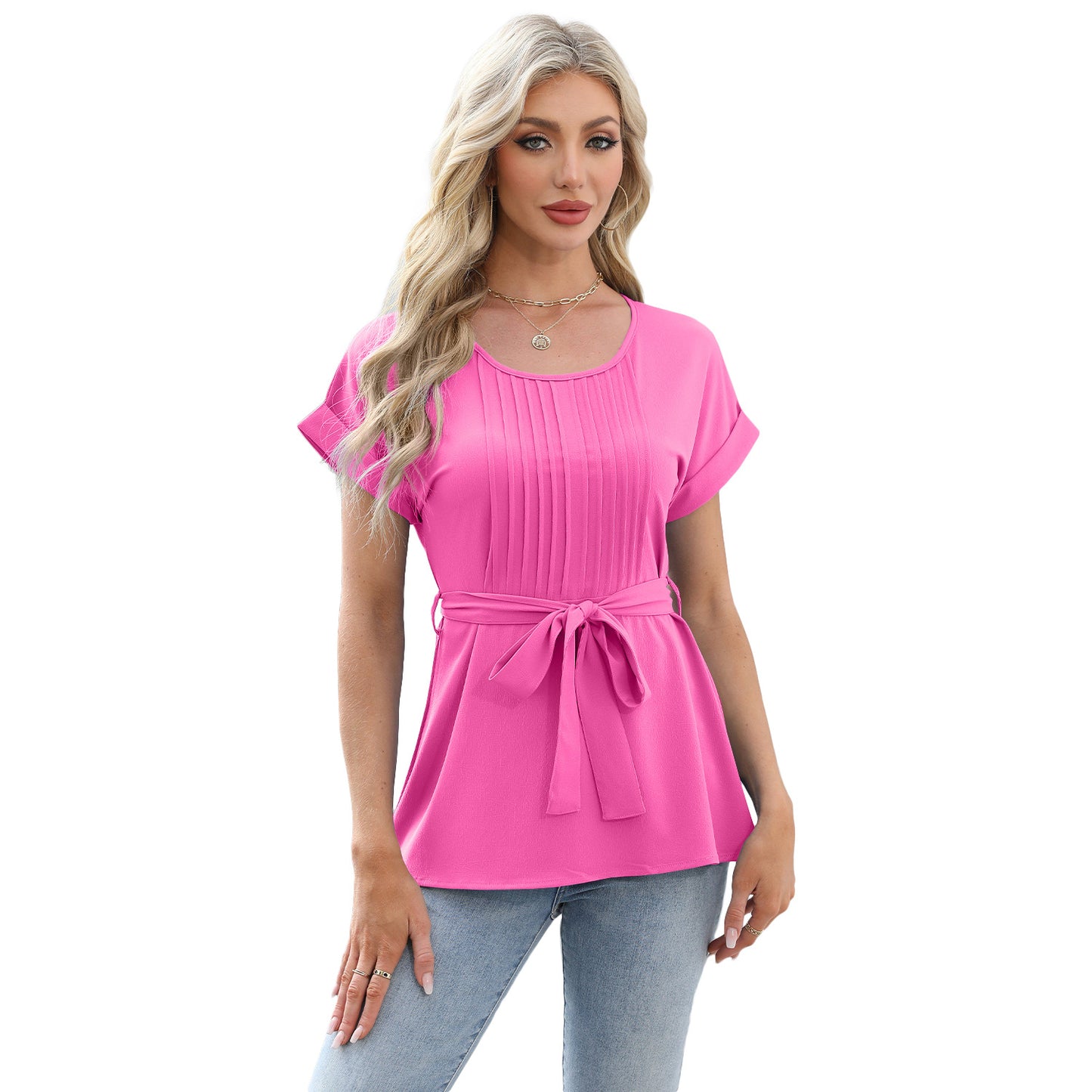 Women's Casual Shirt Ruffled Pleated Round Neck Blouses