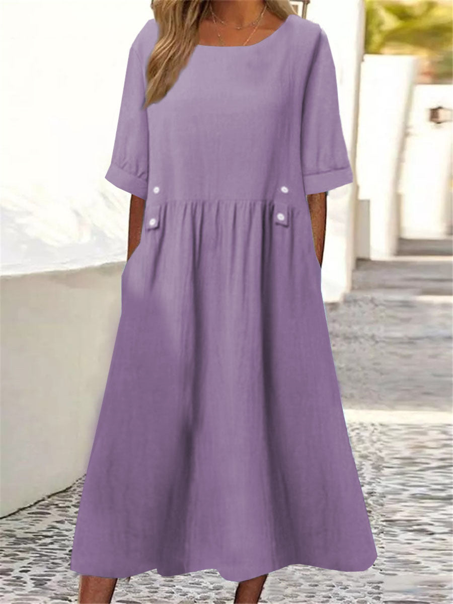Cotton Linen Dress Round Neck Loose Dresses