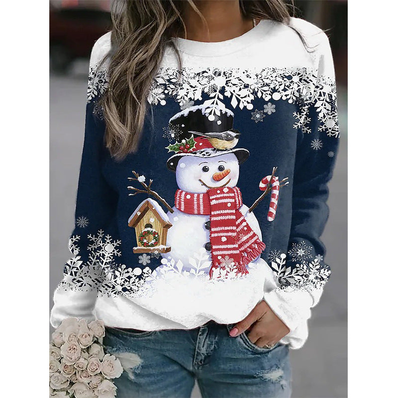 Women's Christmas Snowman Printed Long-sleeved Casual Loose Blouses