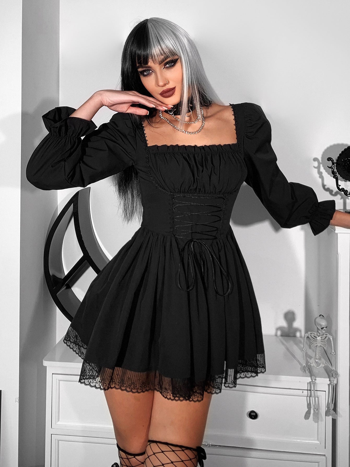 Women's Solid Color Splicing Sling Long Sleeve Dresses