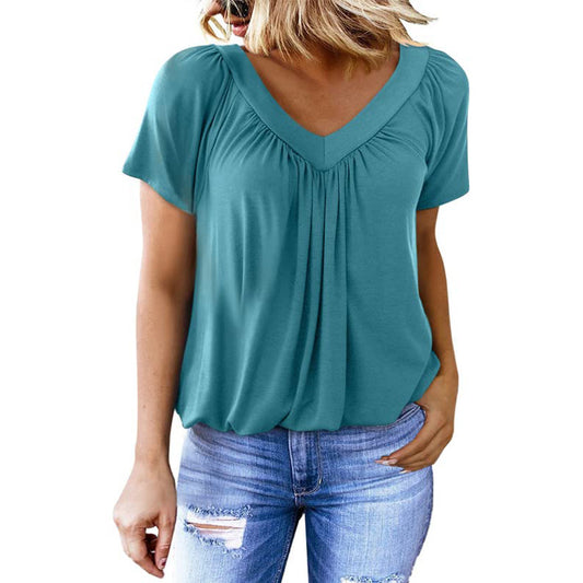 Women's Summer Pleated Loose Short-sleeved Cotton T-shirt Blouses