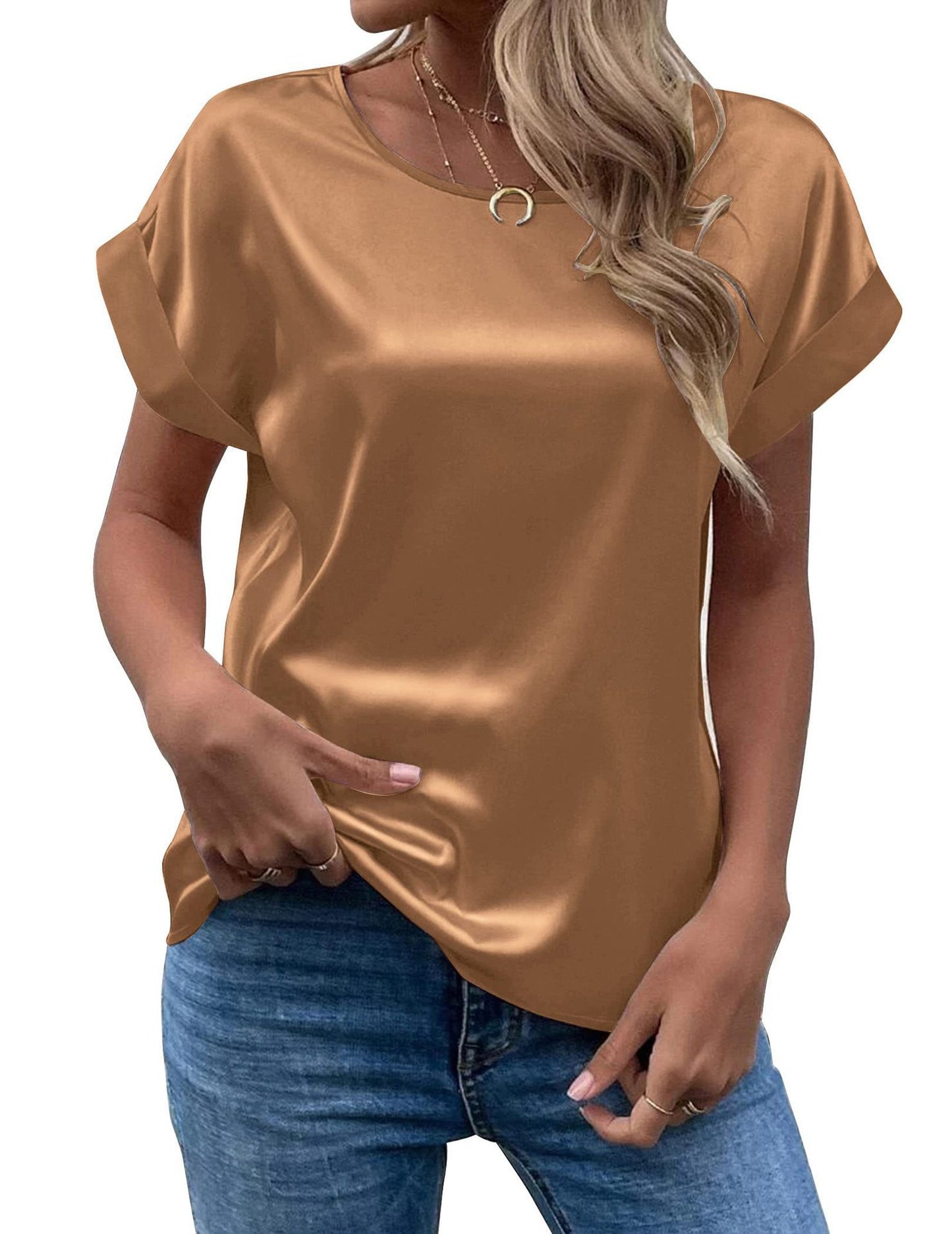 Women's Summer Elegant Satin Pullover Round Neck Blouses