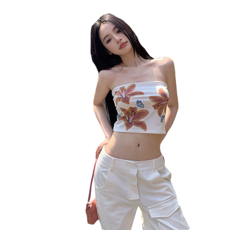 Women's Street Fashion Flower Printed Sexy Navel Tops