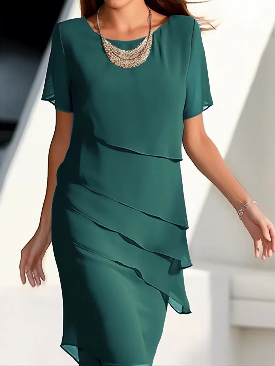 Women's Solid Color Sleeve Glitter Ruffles Crew Dresses