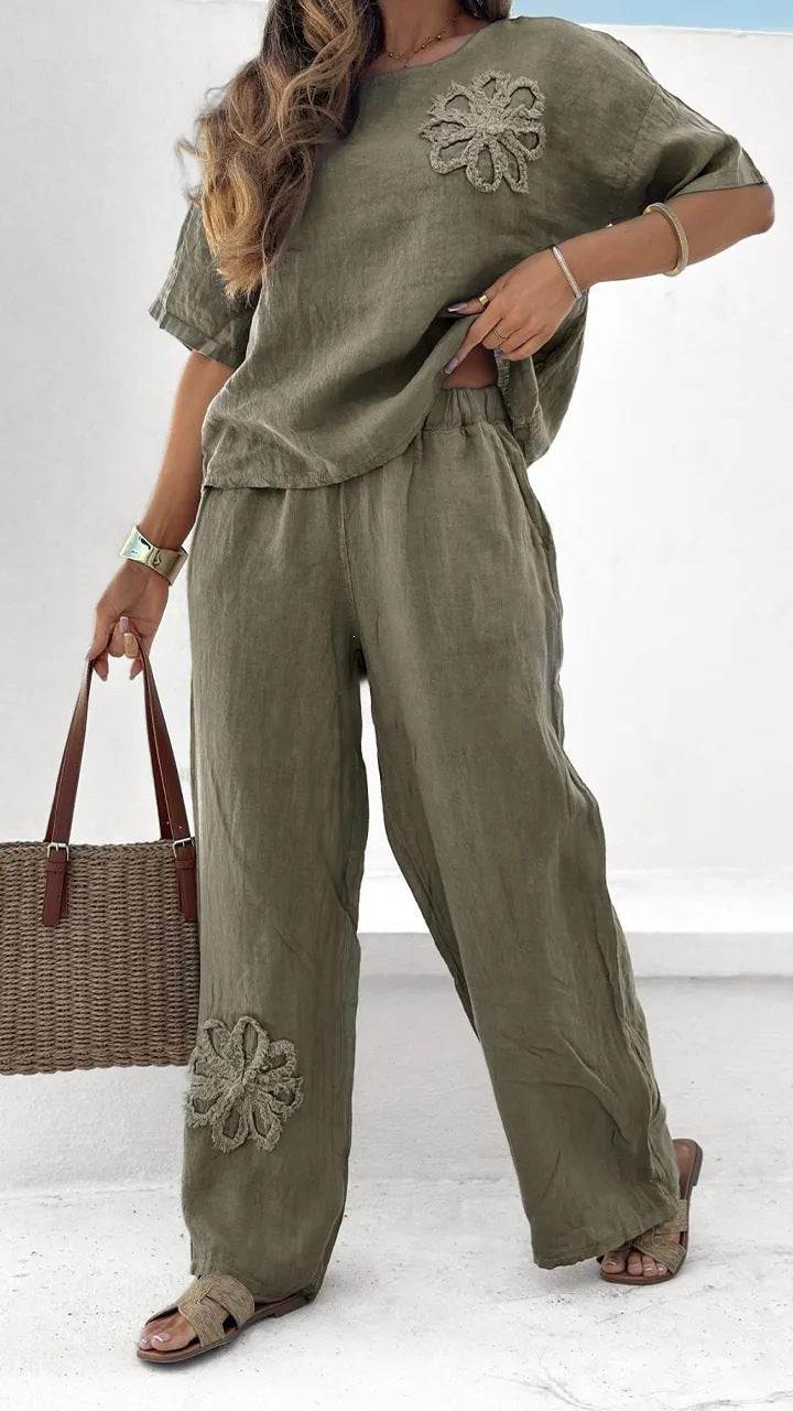Women's Embroidered Leisure High Waist Loose Trousers Plus Size