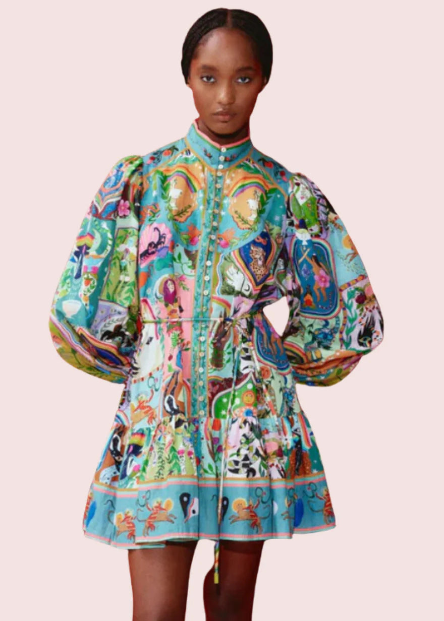 Fashion Puff Sleeve Lotus Leaf Hem Dresses