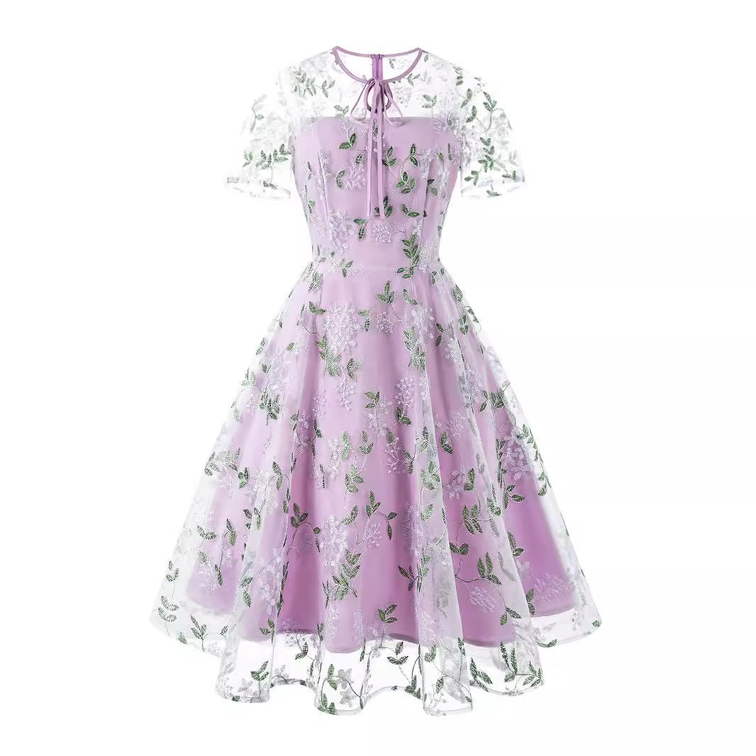 Women's Fashion Mesh Embroidered Dress Summer Sleeve Dresses