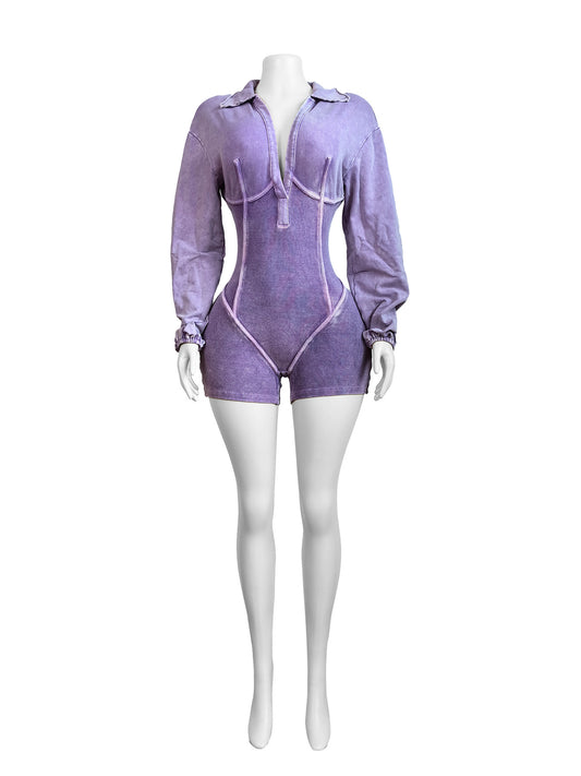 Women's Classic Washed Old Lapel Deep V Neck Tight Jumpsuits