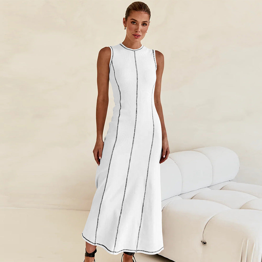 Women's Knitted Long Dress Round Neck Sleeveless Dresses