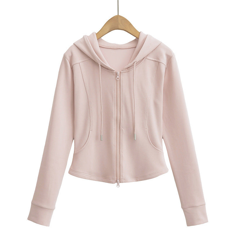 Autumn Fashion Simple Style Double Zipper Hooded Drawstring Tops