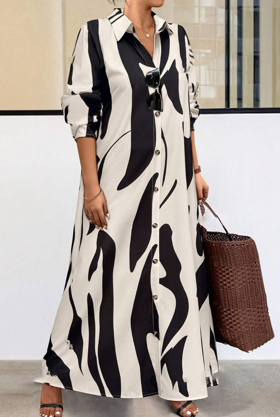 Long Sleeve Printed Loose Elegant Shirt Dresses