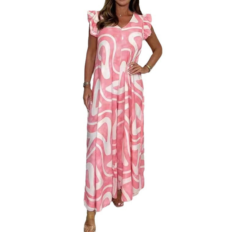 Women's Summer Ruffle Sleeve Trousers Printed Casual Jumpsuits