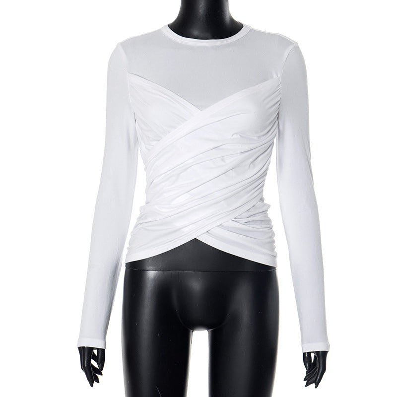 Women's Color Round Neck Pleated Cross Tight-fitting Blouses