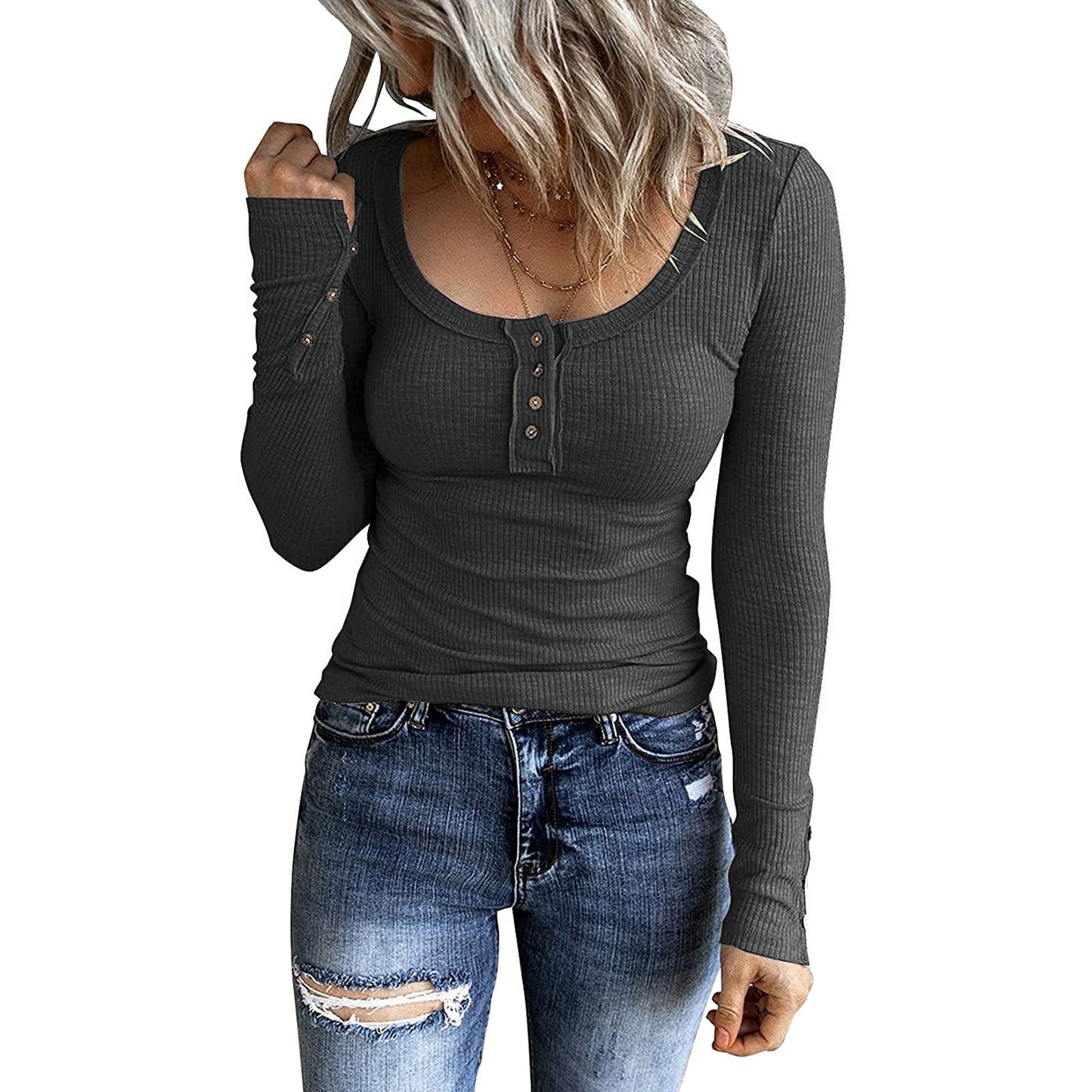 Women's Autumn Button Color Long Sleeve T-shirt Blouses