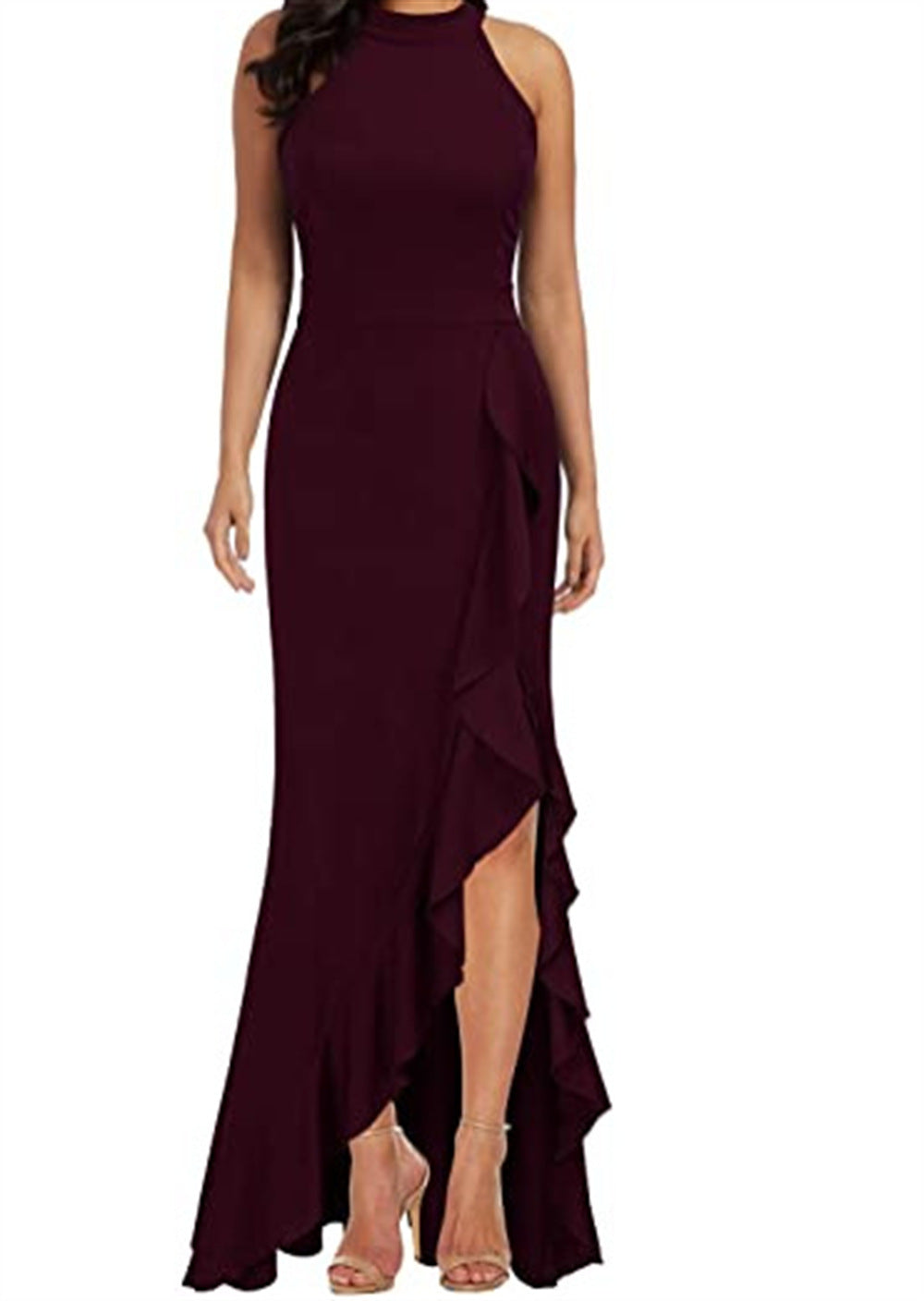 Women's High Neck Split Tight Mermaid Sleeveless Dresses