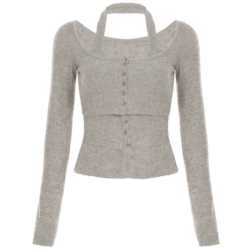 Women's Slimming Halter Sling Breasted Minimalist Long Sleeve Two-piece Set Blouses