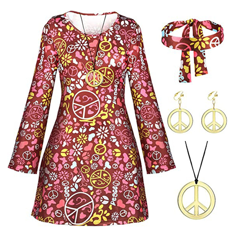 Halloween Generation Hippie Disco Festival Dress Headscarf Print Dresses