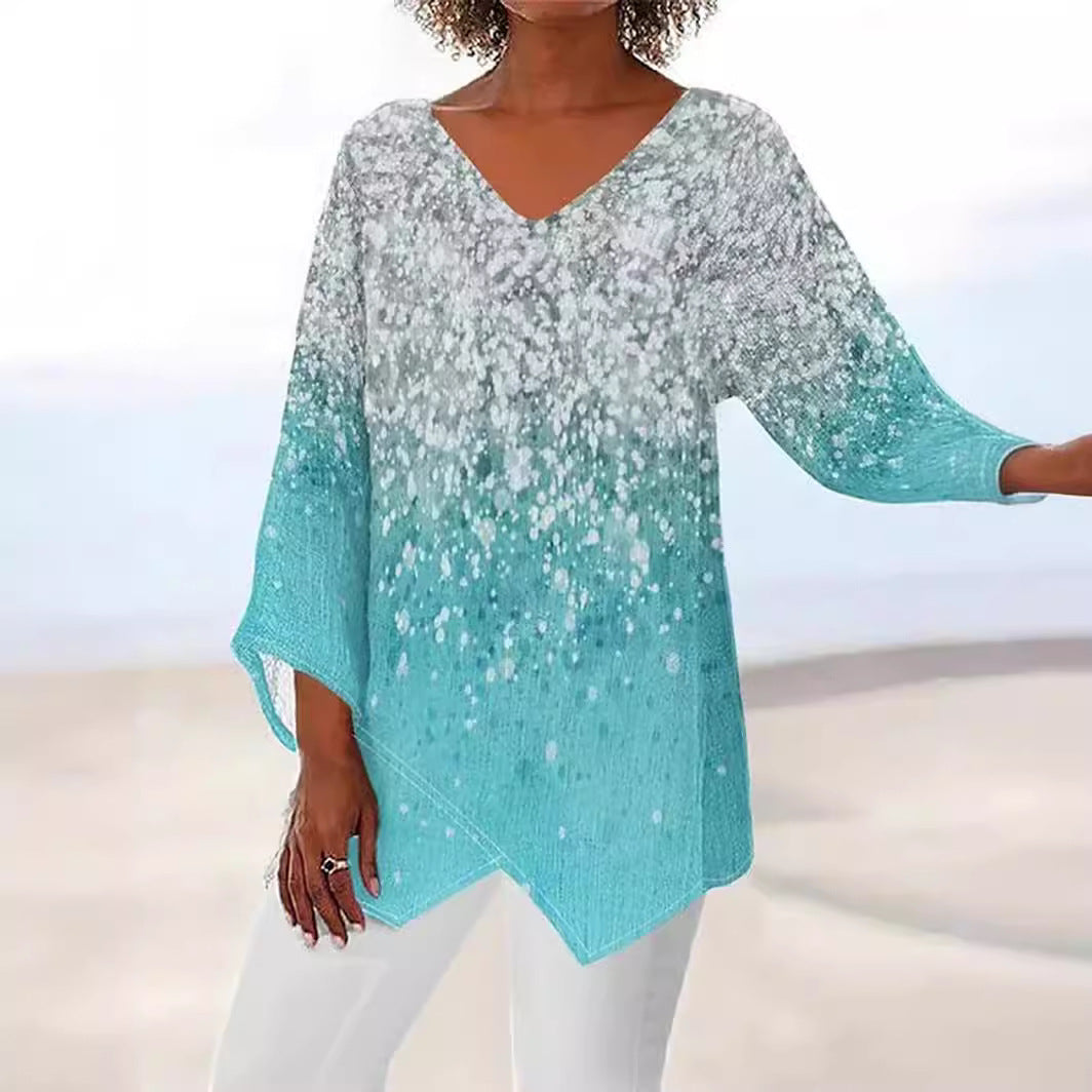 Women's Leisure Loose Irregular Printed Long Sleeve Blouses