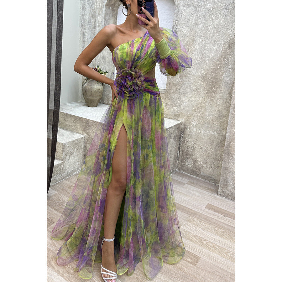 Women's Party Mesh Sloping Shoulder Dress Casual Dresses