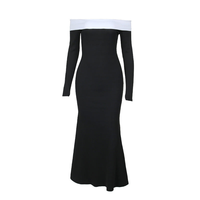 Women's Fashion Color Contrast Long Sleeve Narrow Dress
